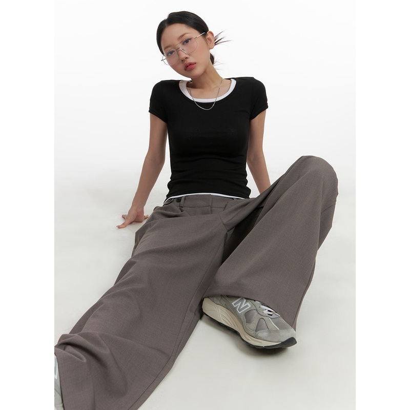 U Neck Slim Fit Tee CA409|Black|Light purple|S/M
