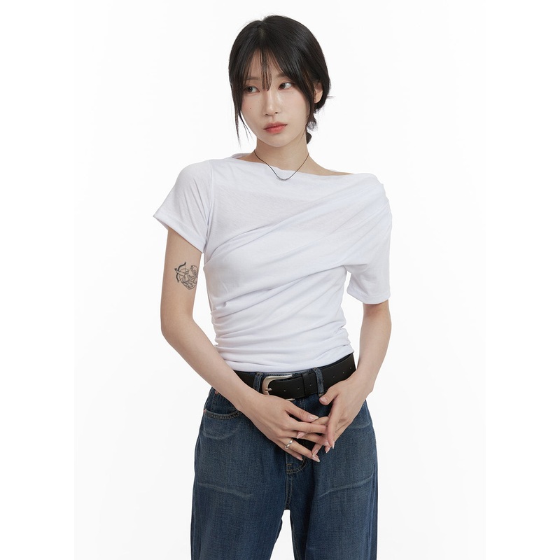 Unbalanced Shirred Tee CA408|White|Black|Dark gray|S/M