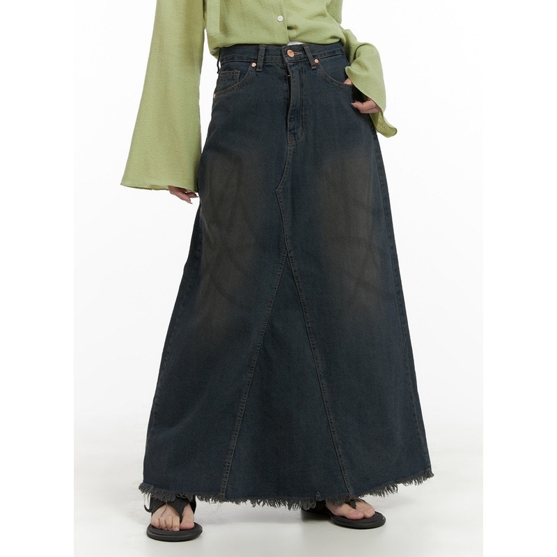 Vintage Rough Hem Denim Maxi Skirt CA403