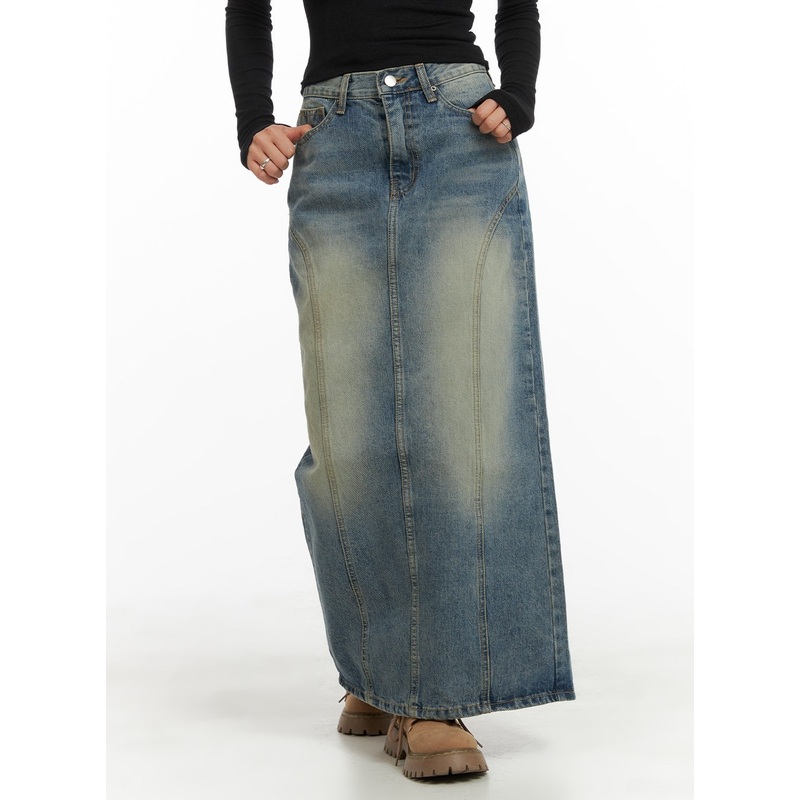 Vintage Washed Denim Maxi Skirt CA403
