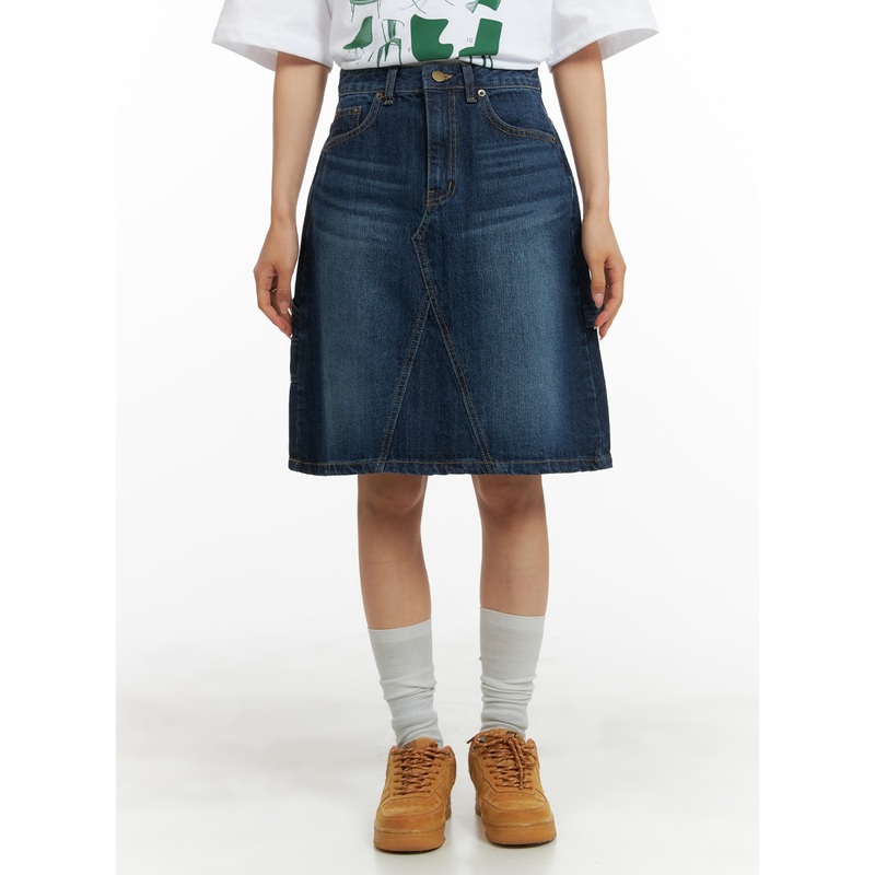 Washed Denim Midi Skirt CA404|Dark blue|Blue|S|M|L