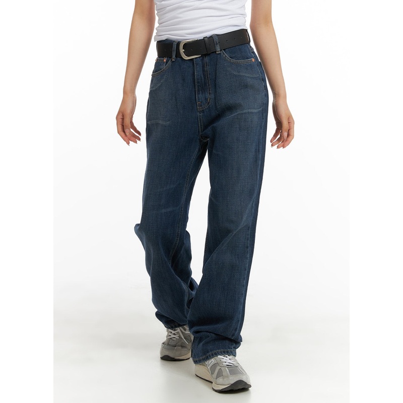 Washed Straight Jeans CA408|Dark blue|S|M|L