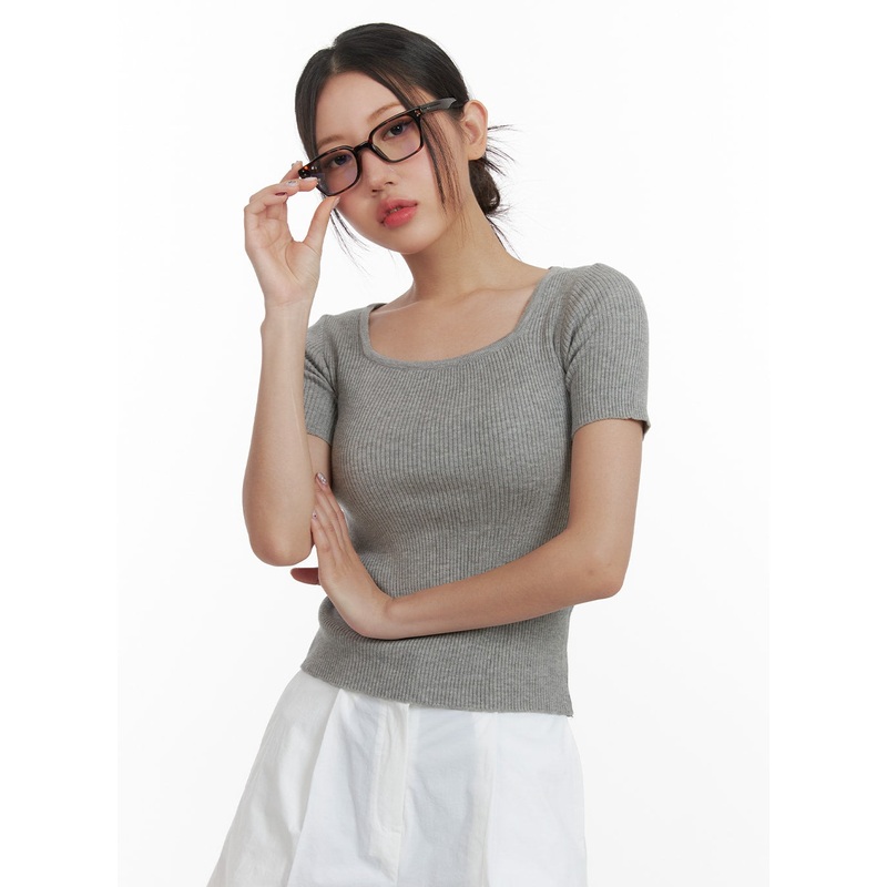 Basic Square Neck Tee OA419|Gray|Black|Light pink|Light blue|S/M