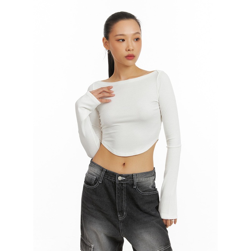 Boat Neck Crop Tee IA417|White|Black|S/M