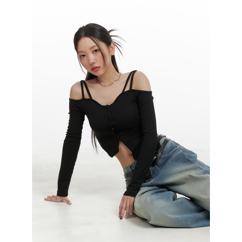 Cold Shoulder Button Ribbed Crop Top CA416