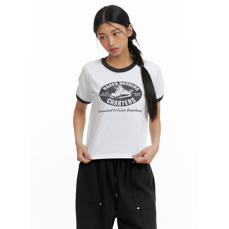 Cotton Graphic Tee CA424|White|Light gray|Green|S/M