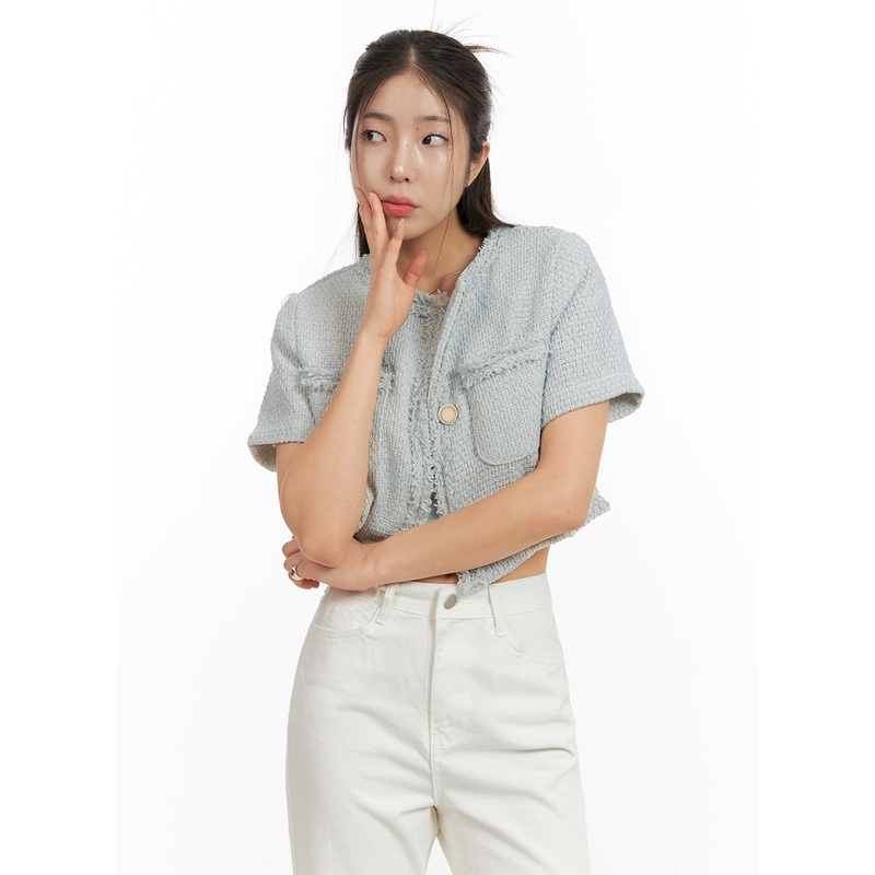 Crop Tweed Jacket OA429|Light blue|Light beige|Black|S/M