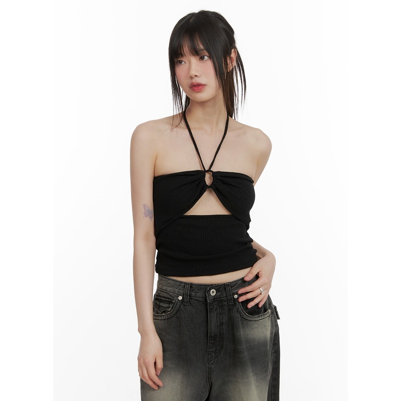 Cut Out Halter Top CA418|Black|Dark gray|S/M