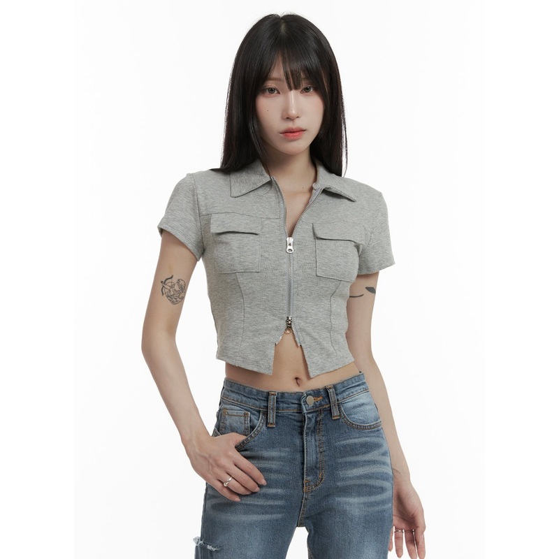 Double Zipper Collar Cropped Shirt CA426
