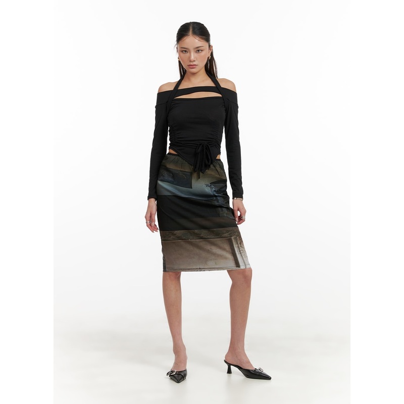 Graphic Print Midi Skirt CY402