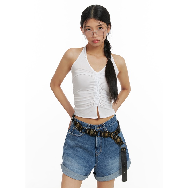 Halter Shirred Crop Sleeveless Top CA423