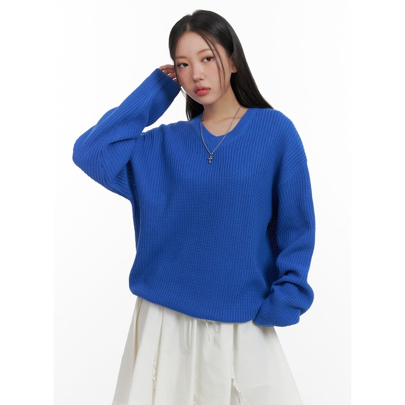 Oversized V-Neck Waffle Knit Sweater OA415