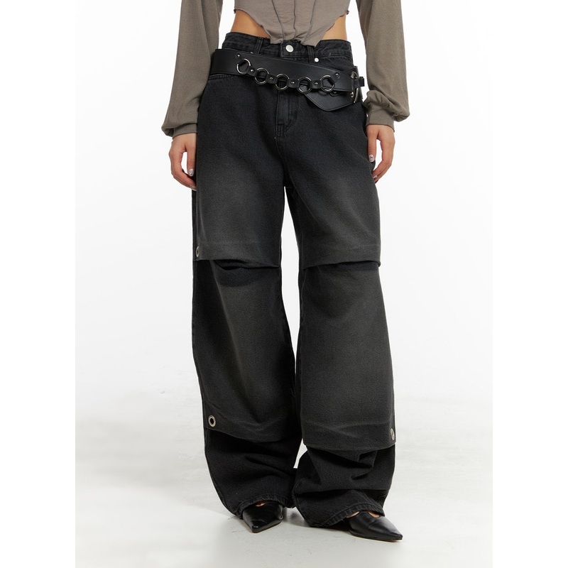 Pintuck Baggy Jeans CA416|Black|S|M|L