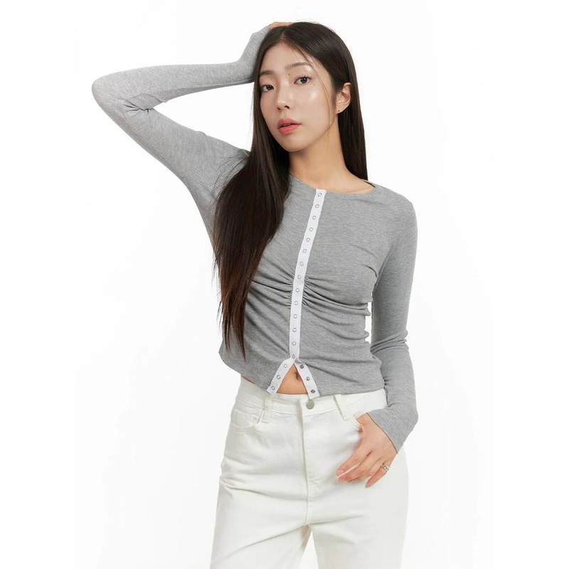 Solid Button Long Sleeve Top OA429