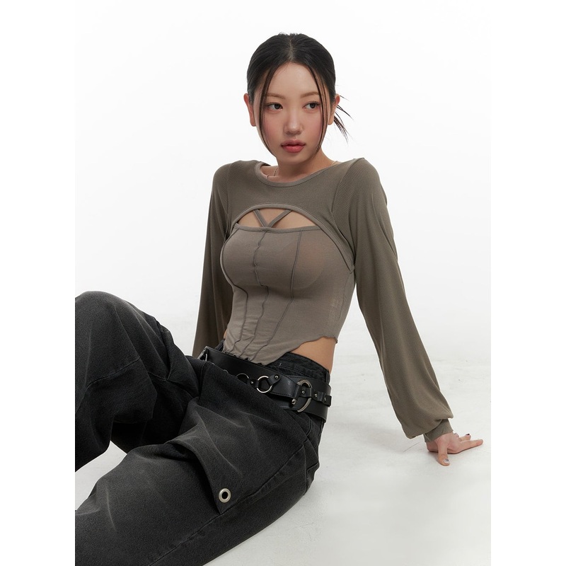 Solid Cut Out Crop Top CA416|Dark beige|Black|S/M