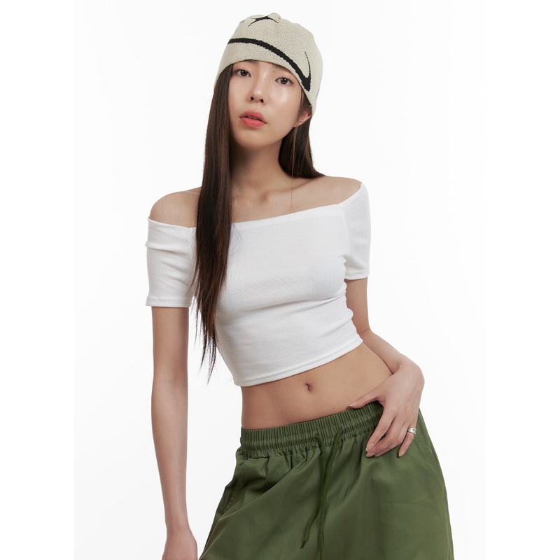 Solid Off Shoulder Crop Top OA429