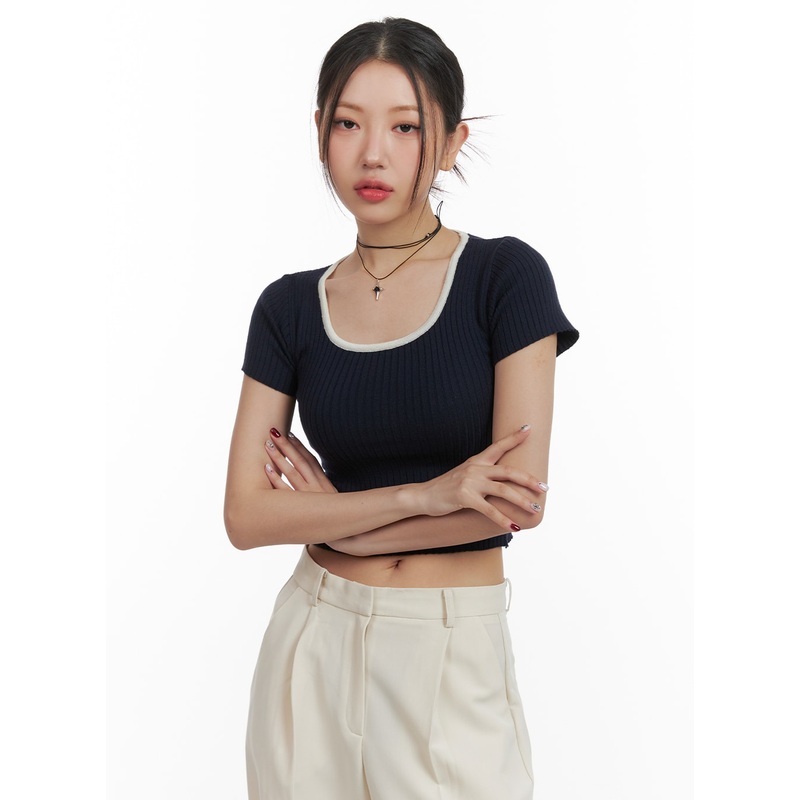 Solid U Neck Crop Top OA416|Dark blue|Mint|Light beige|S/M