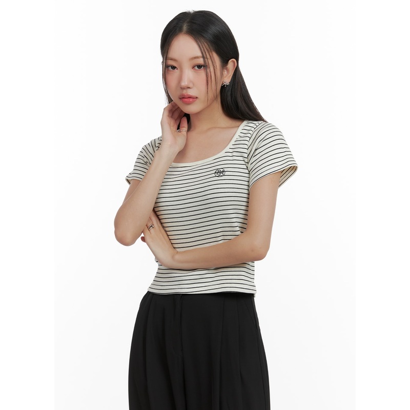 Stripe U-Neck Top OA415|Light beige|Green|Black|S/M