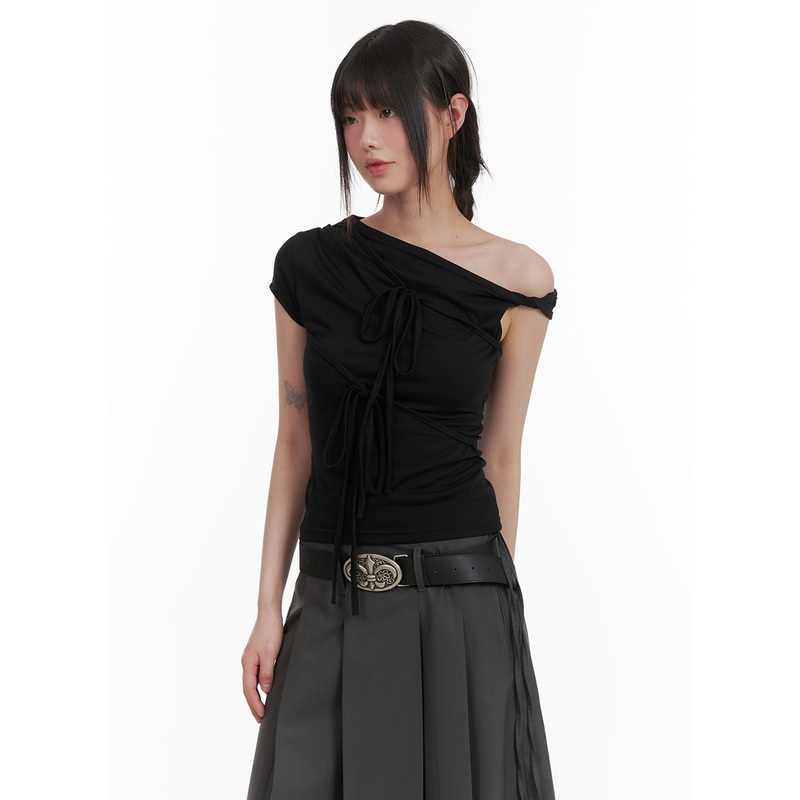 Twisted Asymmetrical Neck Short Sleeve Top CA418