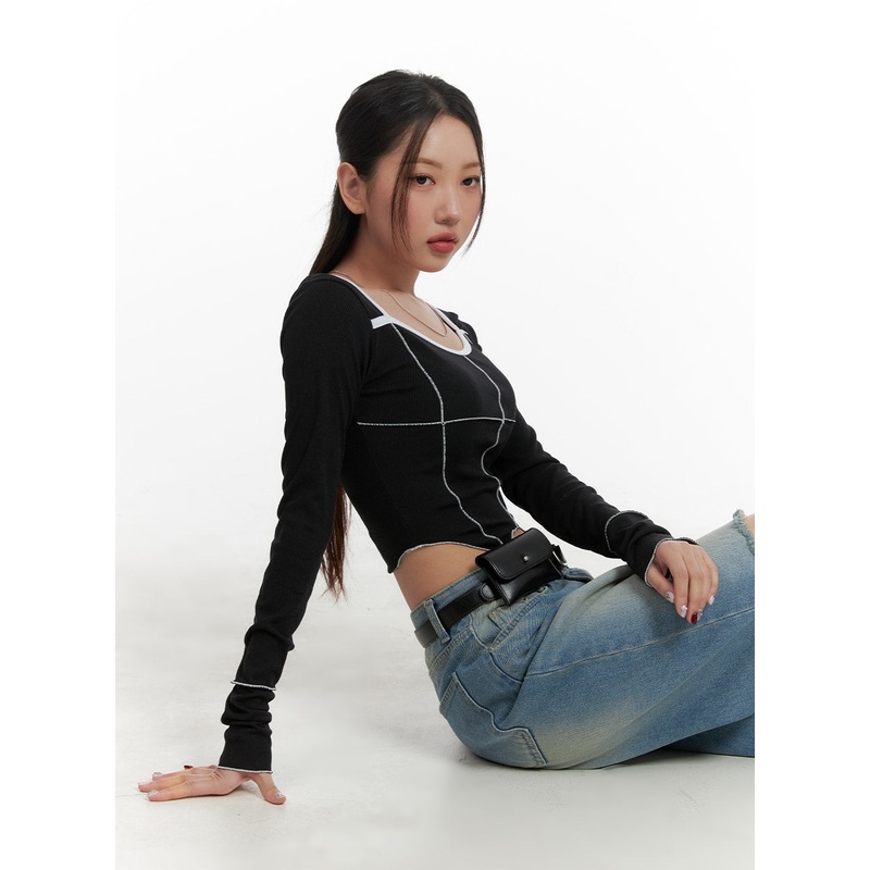 U Neck Stitched Detail Cropped Long Sleeve CA416