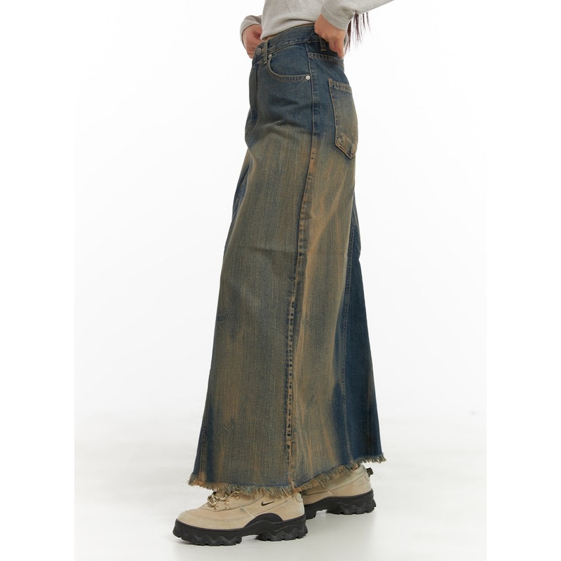 Vintage Washed Denim Maxi Skirt CA415