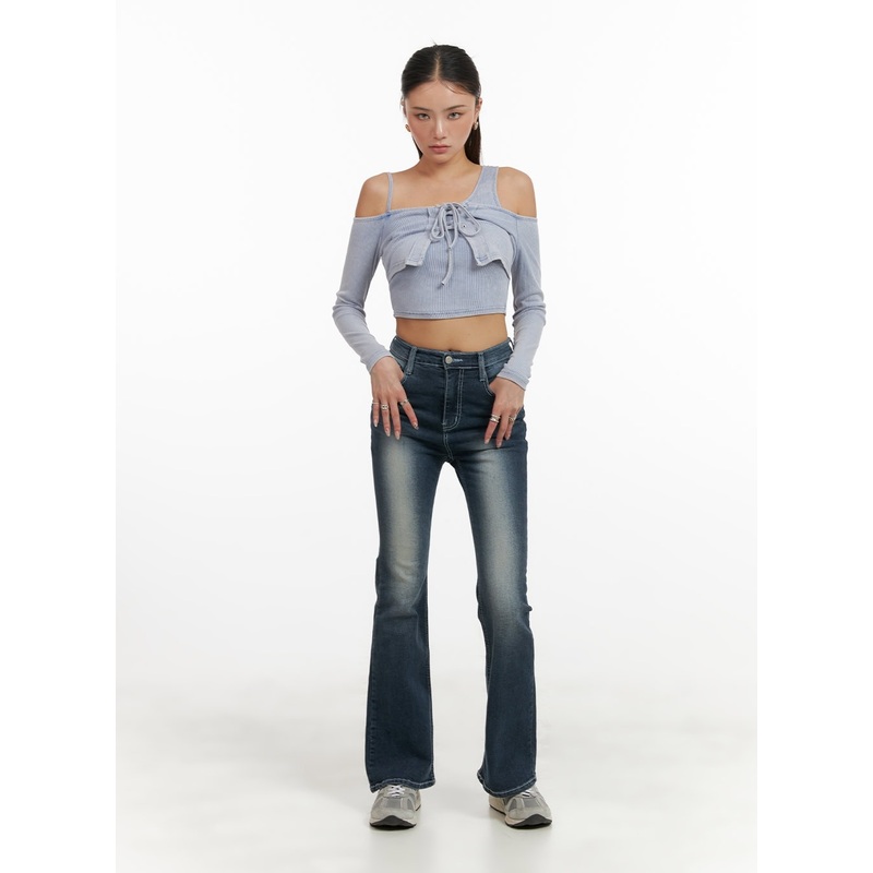 Washed Denim Slim Fit Bootcut Jeans CY402