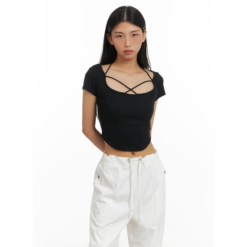 X Strap Solid Crop Tee CA424|Black|Light beige|S/M