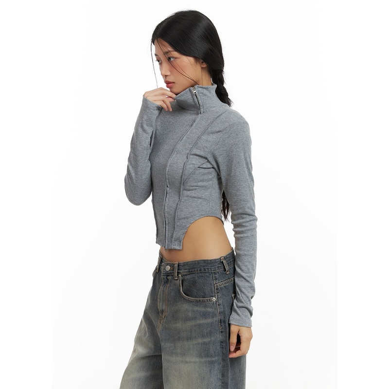 Zip-Up Long Sleeve Crop Top CA424