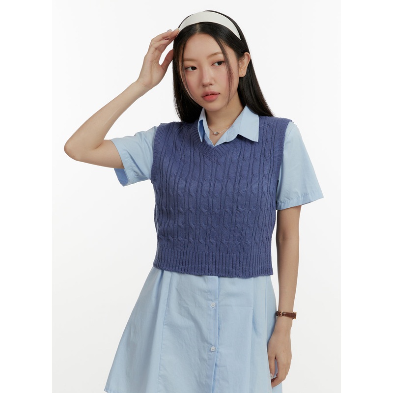 Cable Knit V-Neck Vest OY413|Blue|Black|Beige|Dark gray|S/M