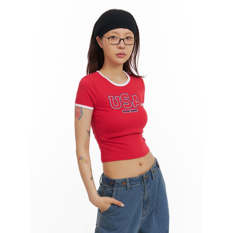 Contrast Graphic Crop Top IY410