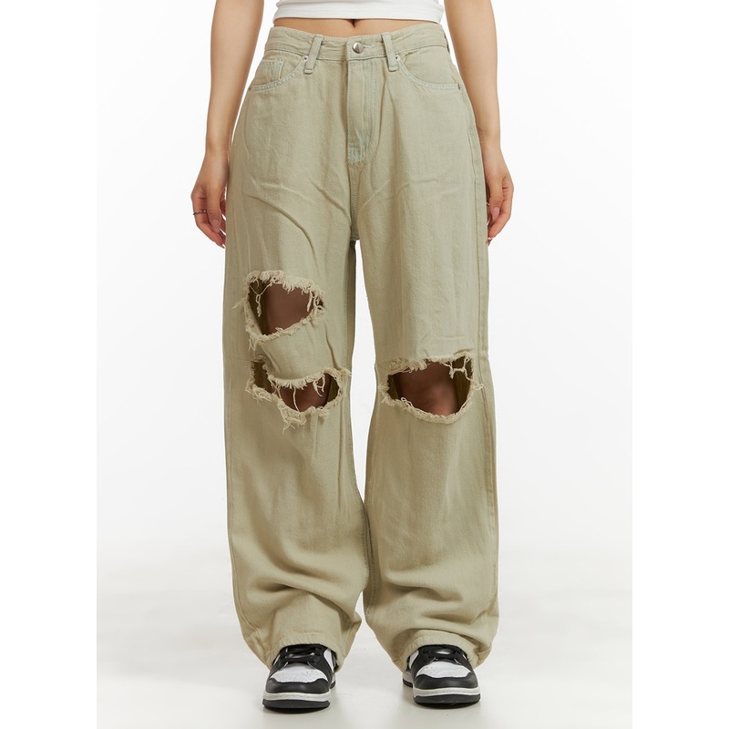 Destroyed Baggy Jeans CY407|Light beige|S|M|L