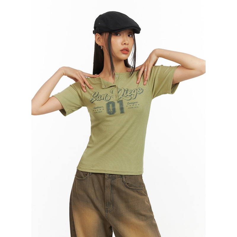 Graphic Buttoned Top IY422|Dark green|White|S/M