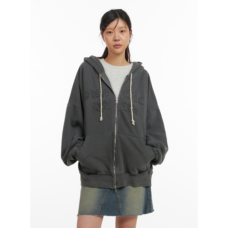 Oversized Zip-Up Hoodie IY410|Dark gray|Dark red|M/L