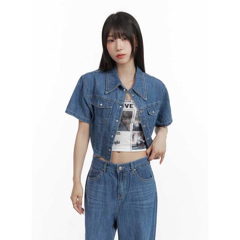 Pocketed Washed Denim Crop Shirt CY407