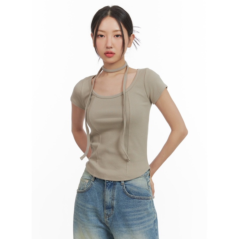 Slim Fit U Neck Top CY423|Beige|Dark gray|White|Black|S/M