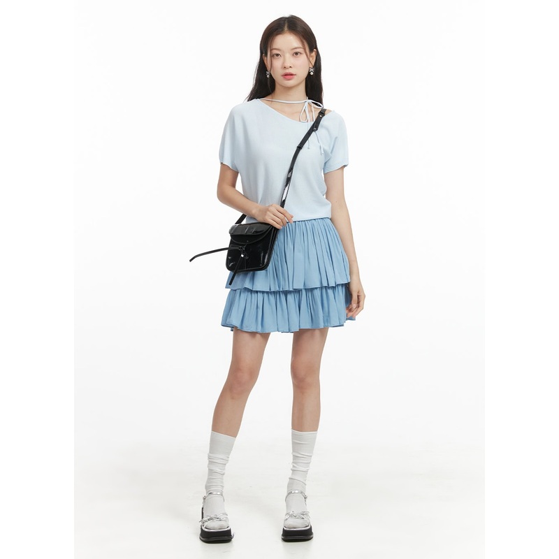 Solid Ruched Ruffle Hem Mini Skirt OY421