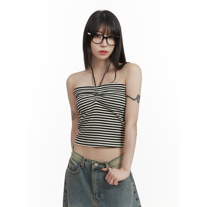 Striped Halter Top CY407|Black|Light Gray|S/M