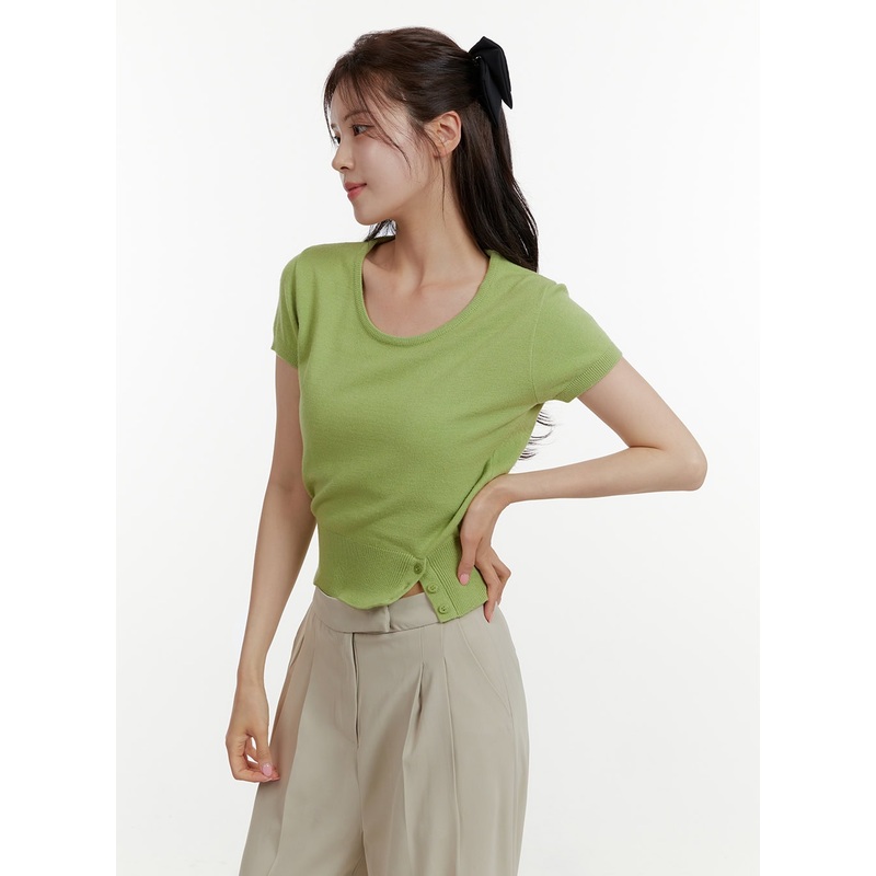 Unbalanced Buttoned Crop Knit Tee OY409