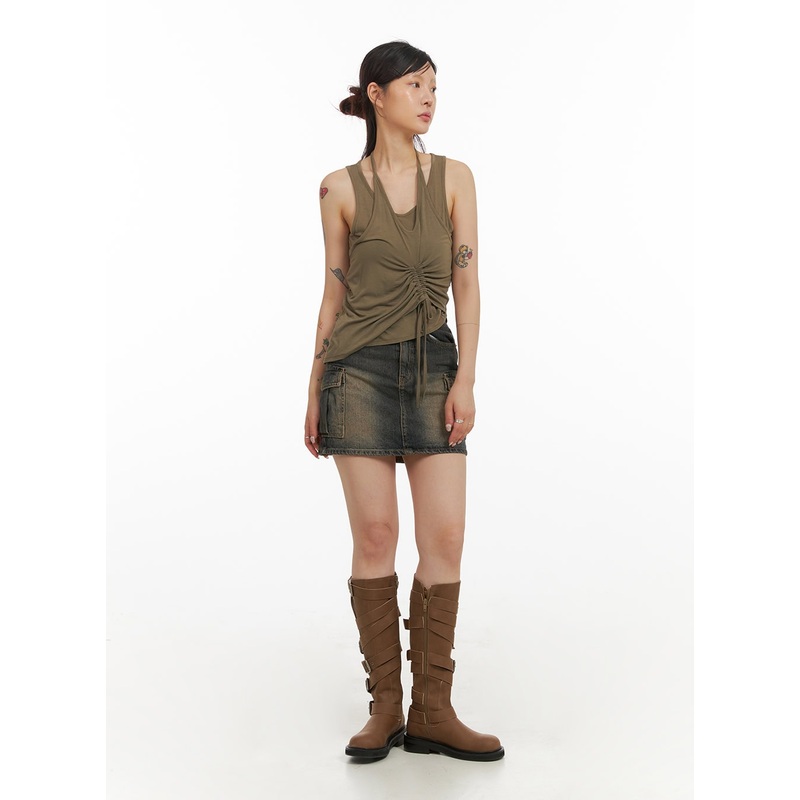Washed Denim Cargo Mini Skirt IY410