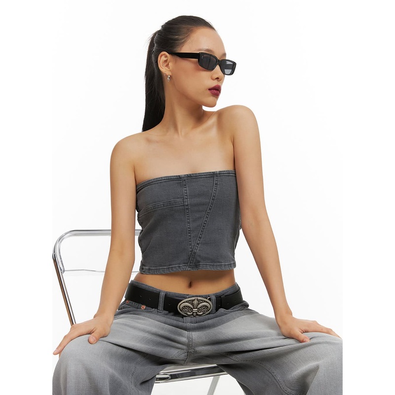 Washed Denim Tube Top IY422|Black|Blue|S|M