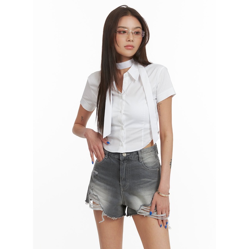 Buttoned Collar Crop Shirt with Scarf CY424