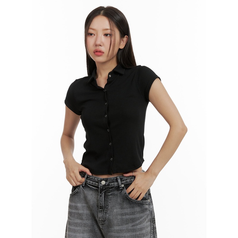 Buttoned Collar Crop Tee CU405