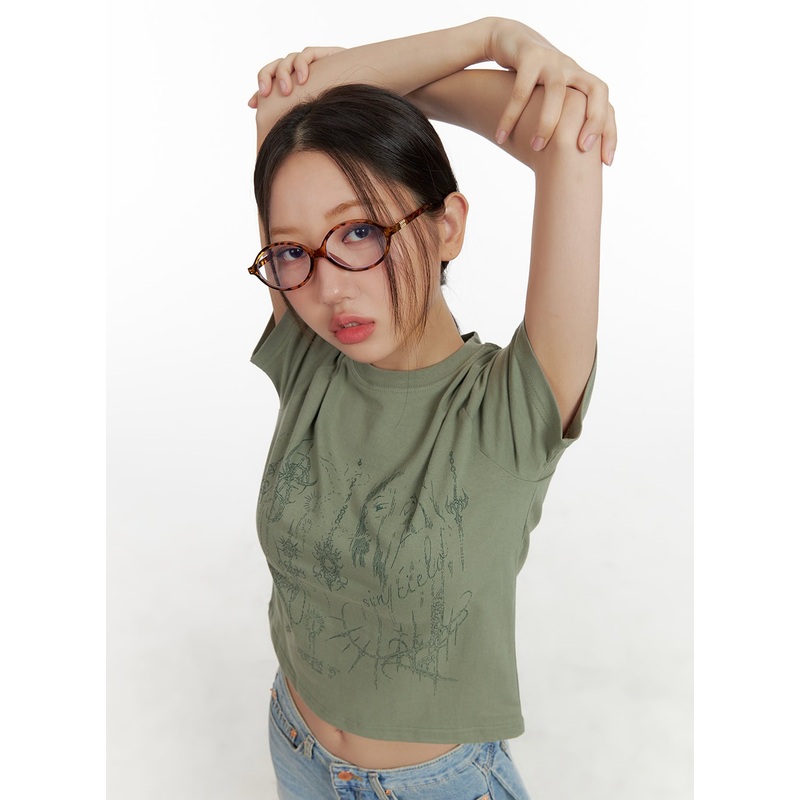 Cotton Graphic Crop Tee CU405|Dark green|Black|White|S/M