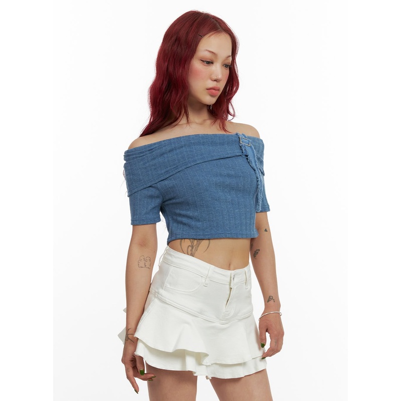 Denim Detail Off Shoulder Crop Top CY430