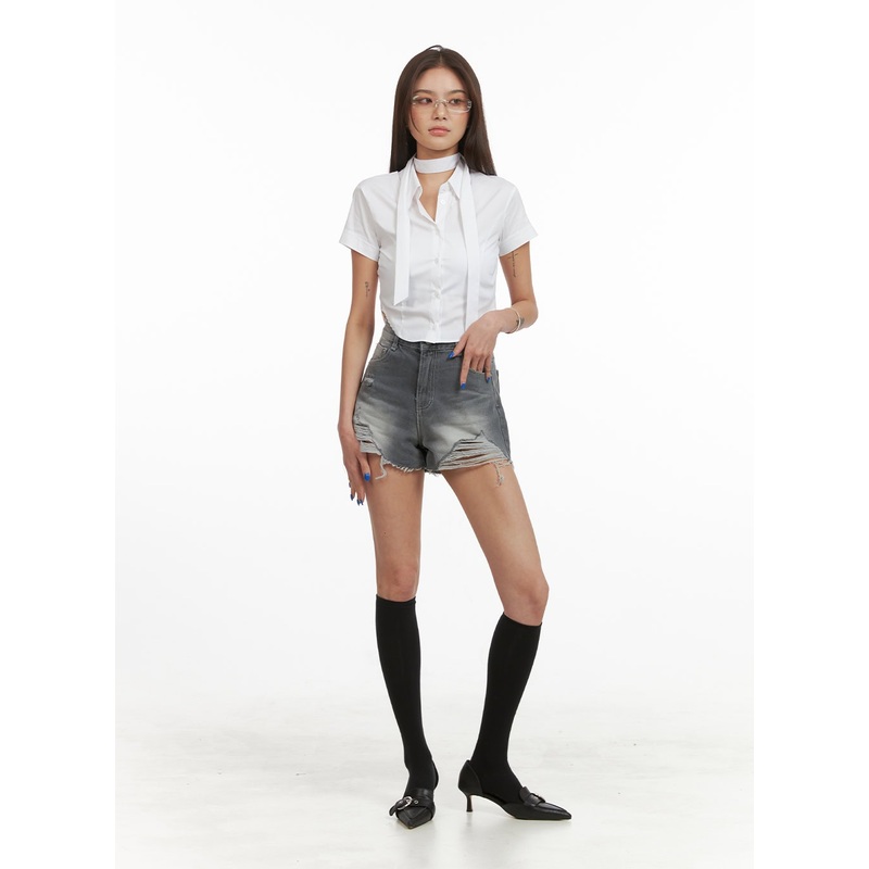 Denim Distressed Washed Shorts CY424