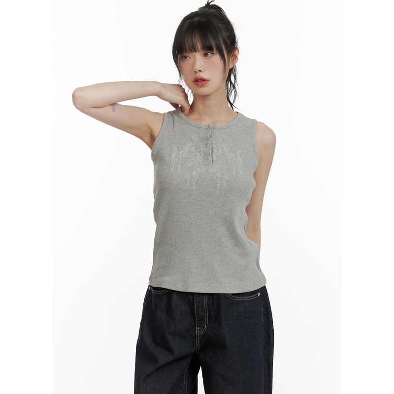 Graphic Mid Buttoned Cotton Tank Top CU410