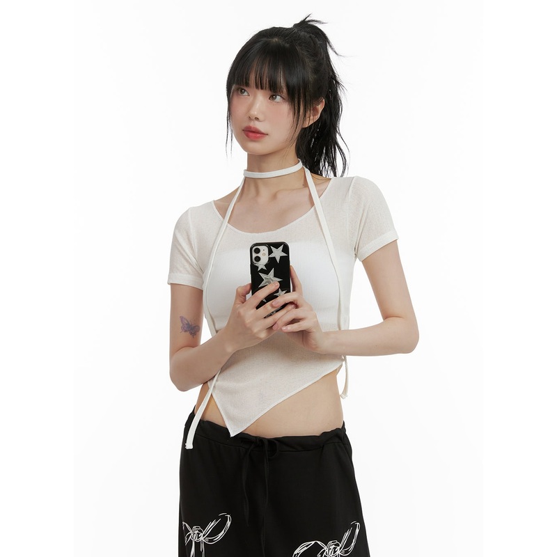 Sheer Chic Crop Top with Thin Scarf CU410