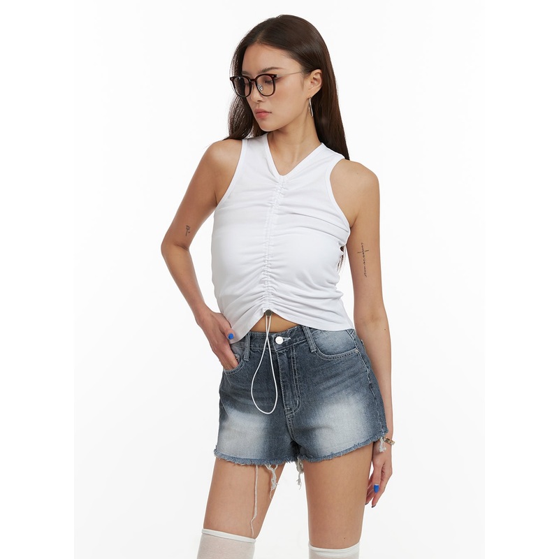 Shirred V-Neck Tank Top CY431|White|Black|Gray|S/M