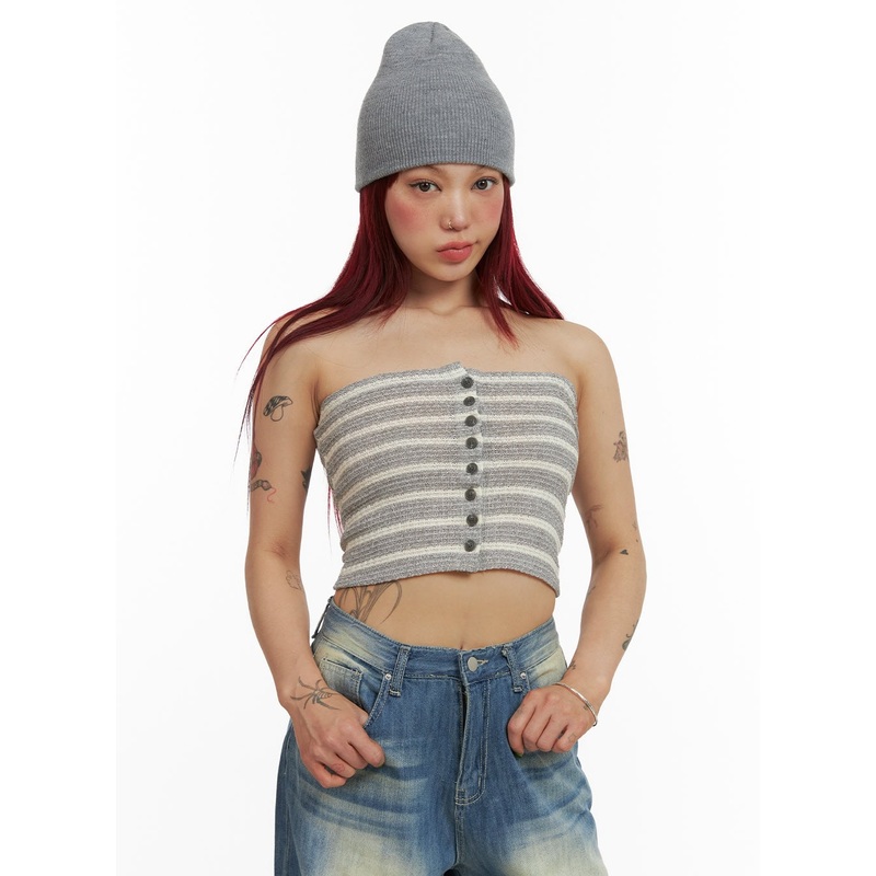 Stripe Buttoned Tube Top CY429