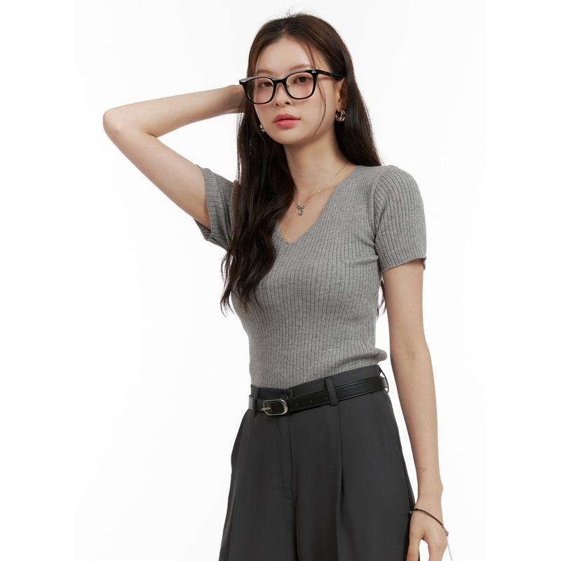 Summer V-Neck Ribbed Knit Top OU411